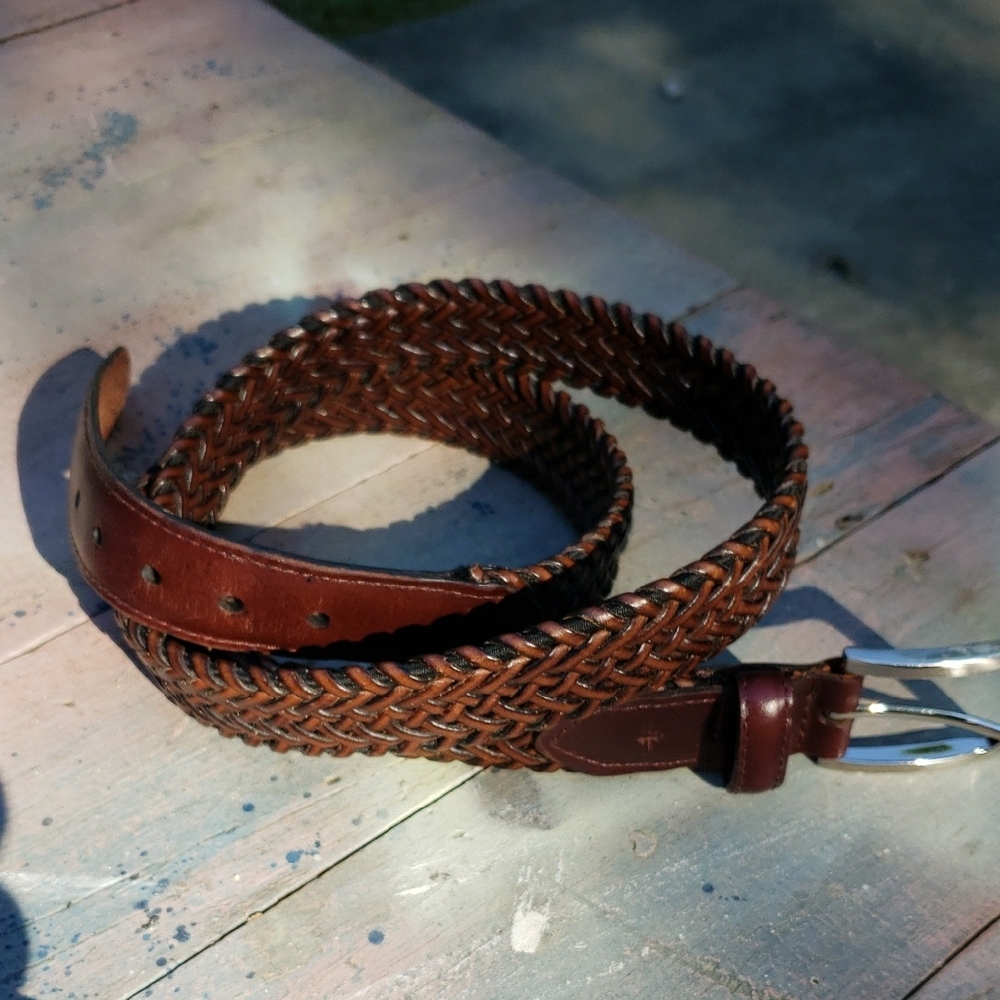Men's Brown Leather Braided Belt Sz 38 CJE